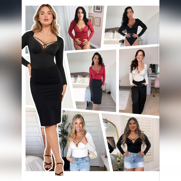 Popilush Black Longsleeve Deep V Shapewear Tummy Control Criss Cross Bodysuit XL - Picture 5 of 10